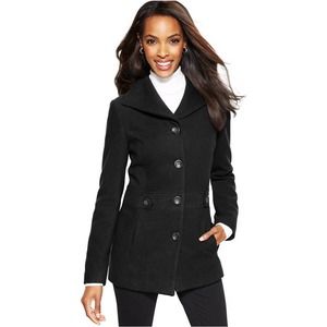 JM COLLECTION Women's Button Front Black Single Breasted Pea Coat Size L